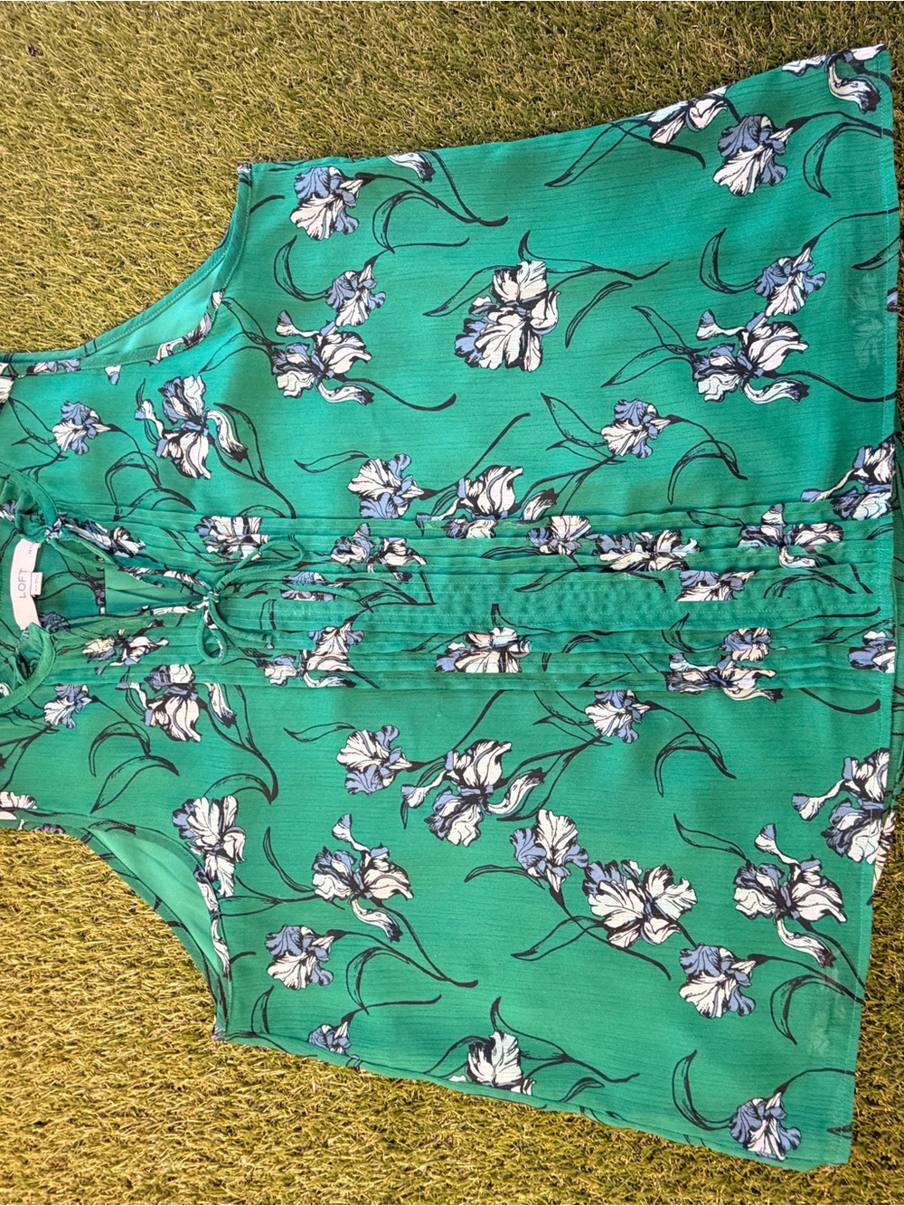 LOFT Emerald Green Floral Tie-Neck Blouse